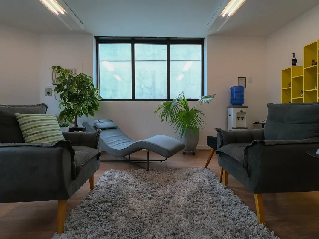 Interior do consultório Oscar Porto — divã e poltronas